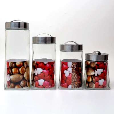 fancy cheap big tall transparent glass canister with steel lid