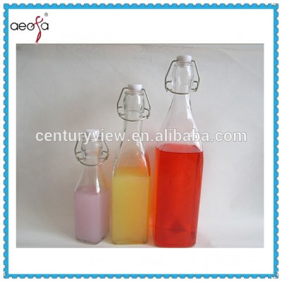 New design square glass water beverage glass bottle with clip lid/glass bottle supplier