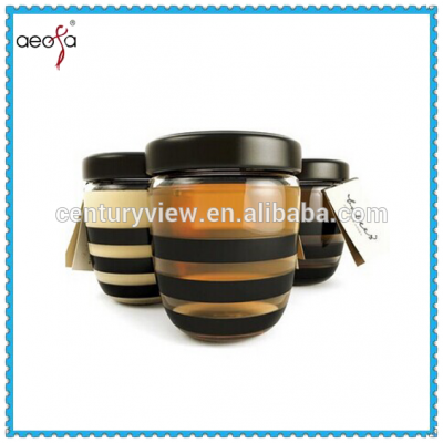 2016 latest stripe black lid glass honey jar